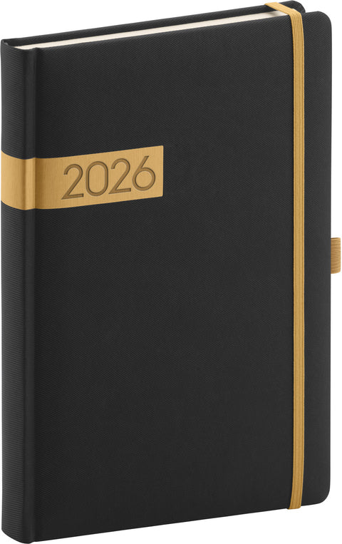 Denní diář Twill 2026, černo-zlatý, 15 x 21 cm