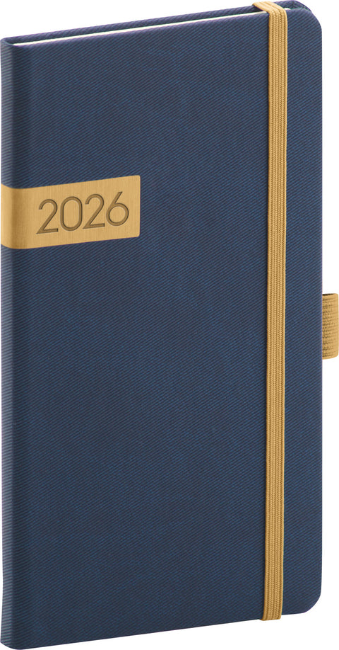 Kapesní diář Twill 2026, modro-zlatý, 9 x 15,5 cm