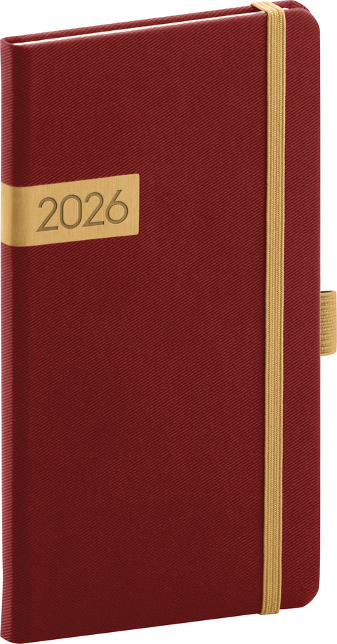 Kapesní diář Twill 2026, bordó-zlatý, 9 x 15,5 cm