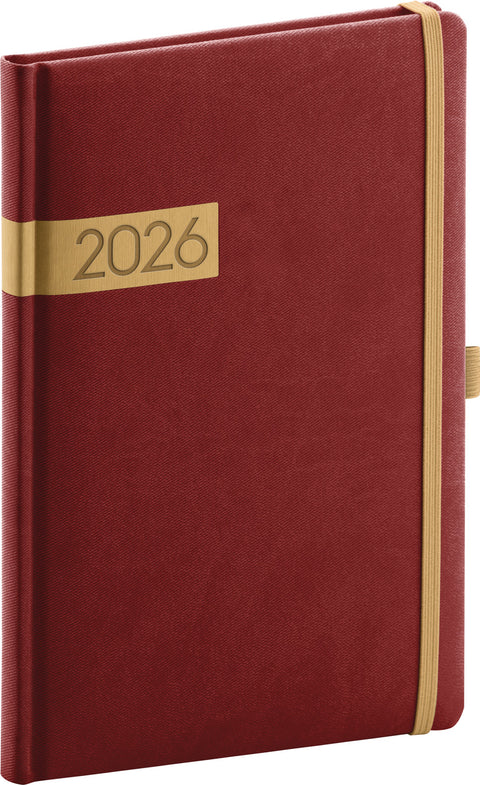 Týdenní diář Twill 2026, bordó-zlatý, 15 x 21 cm