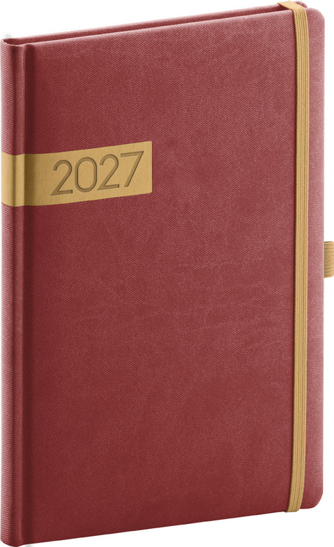 Týdenní diář Twill 2027, bordó-zlatý, 15 x 21 cm