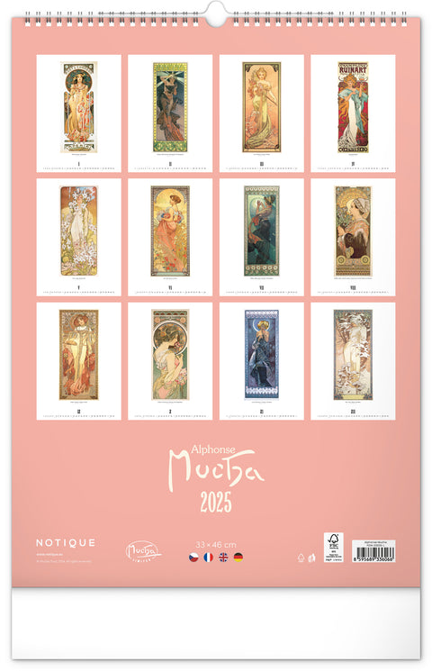 Nástěnný kalendář Alfons Mucha 2025, 33 × 46 cm