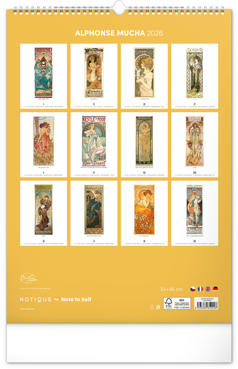 Nástěnný kalendář Alfons Mucha 2026, 33 x 46 cm