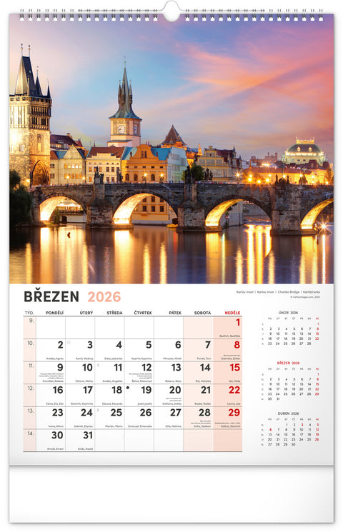 Nástěnný kalendář Praha 2026, 33 x 46 cm