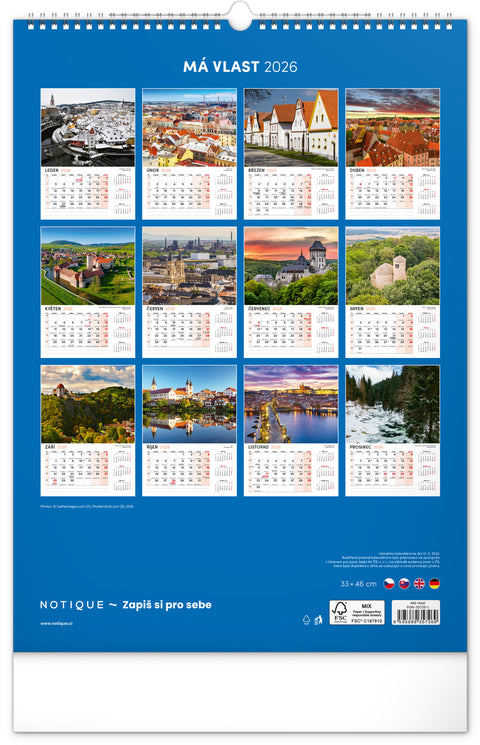 Nástěnný kalendář Má vlast 2026, 33 x 46 cm