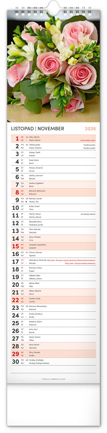 Nástěnný kalendář Květiny – Kvety 2026, 12 x 48 cm