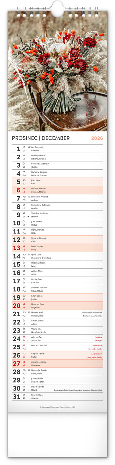 Nástěnný kalendář Květiny – Kvety 2026, 12 x 48 cm