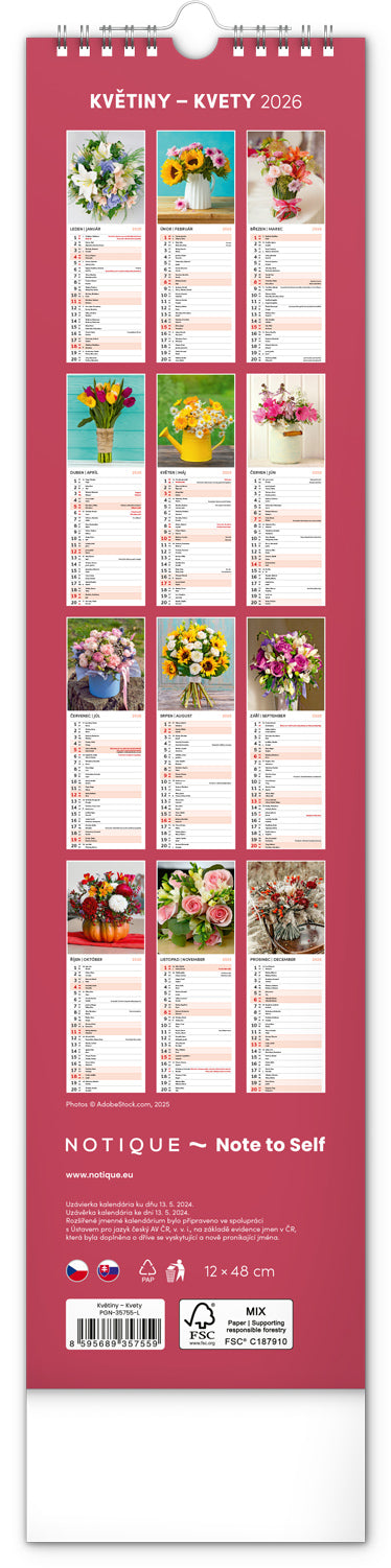 Nástěnný kalendář Květiny – Kvety 2026, 12 x 48 cm