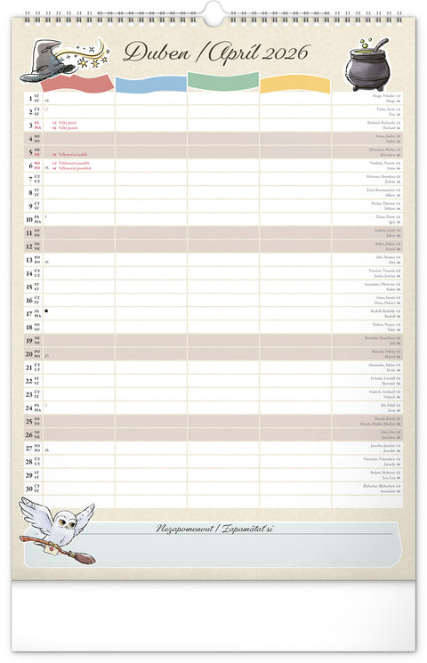 Nástěnný kalendář Rodinný plánovací Harry Potter 2026, 33 x 46 cm