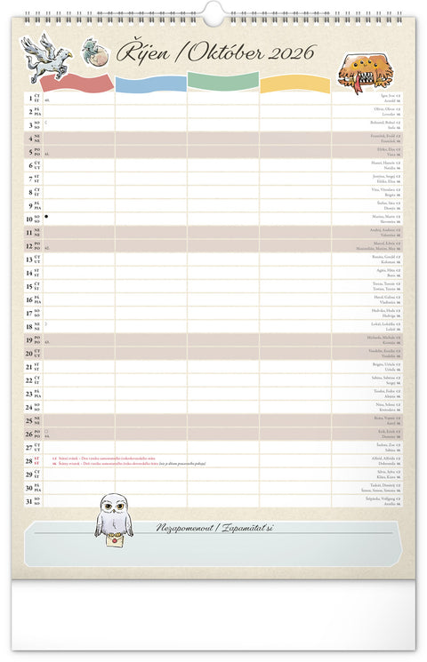 Nástěnný kalendář Rodinný plánovací Harry Potter 2026, 33 x 46 cm