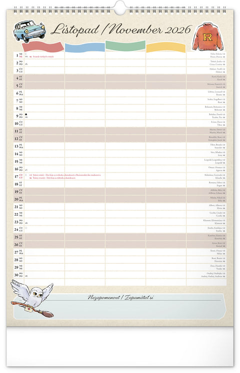 Nástěnný kalendář Rodinný plánovací Harry Potter 2026, 33 x 46 cm