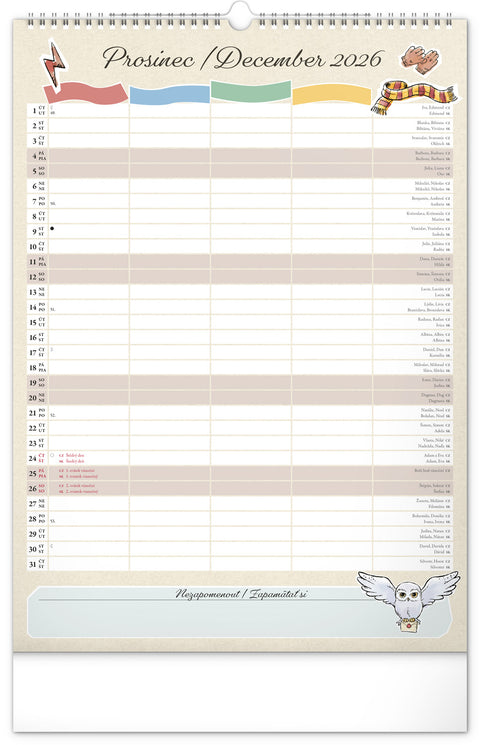 Nástěnný kalendář Rodinný plánovací Harry Potter 2026, 33 x 46 cm