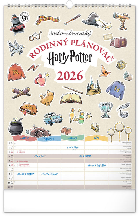 Nástěnný kalendář Rodinný plánovací Harry Potter 2026, 33 x 46 cm