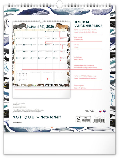 Nástěnný plánovací kalendář Animalium 2026, 30 x 34 cm