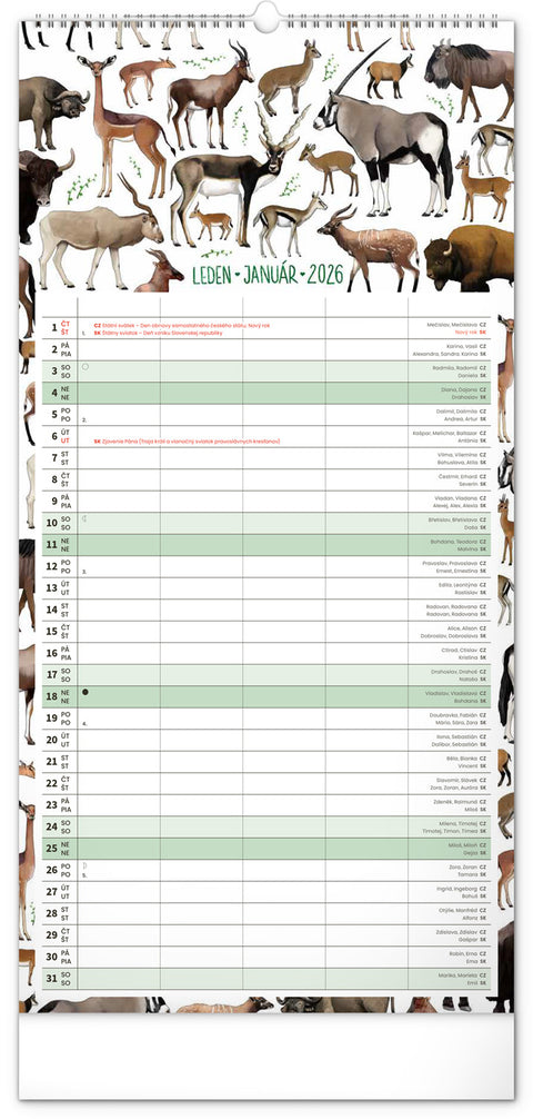 Nástěnný kalendář Rodinný plánovací Animalium 2026, 21 x 42 cm