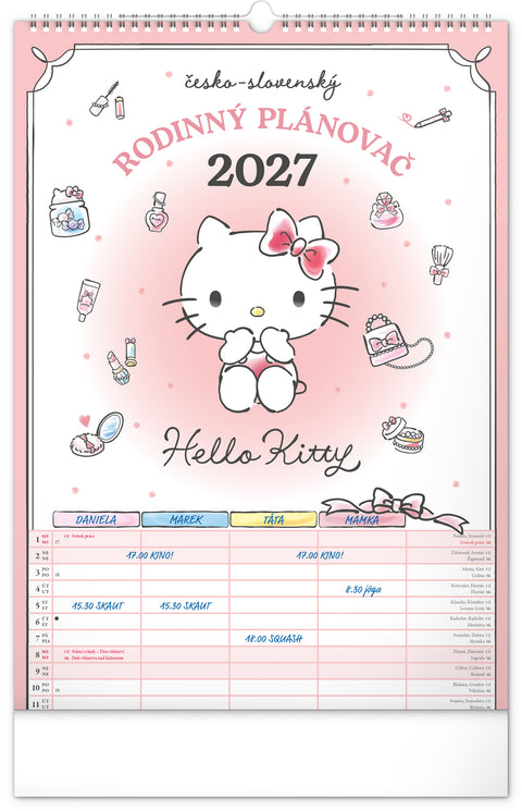 Nástěnný kalendář Rodinný plánovací Hello Kitty 2027, 33 x 46 cm