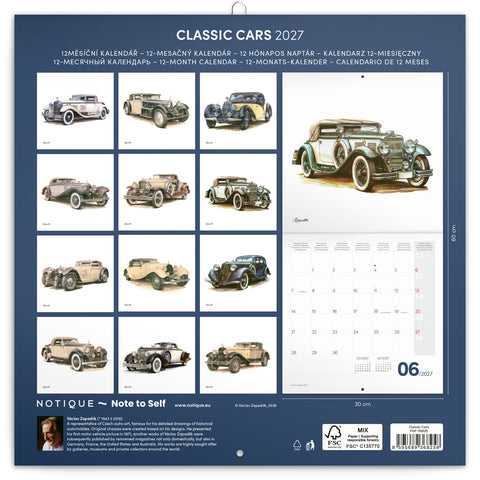 Poznámkový kalendář Classic Cars – Václav Zapadlík 2027, PLASTIC FREE, 30 x 30 cm