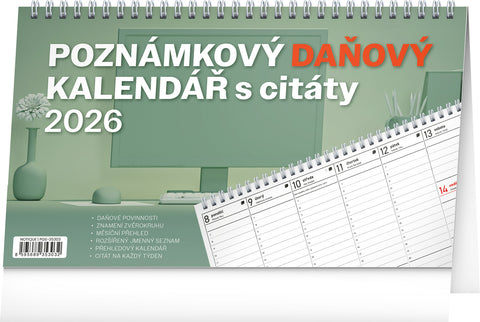 Stolní kalendář Poznámkový daňový s citáty 2026, 25 x 14,5 cm